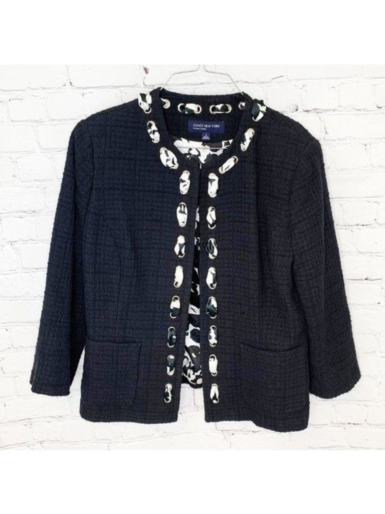 Jones New York Black & White Floral Scarf Detail Blazer Jacket Sz 4